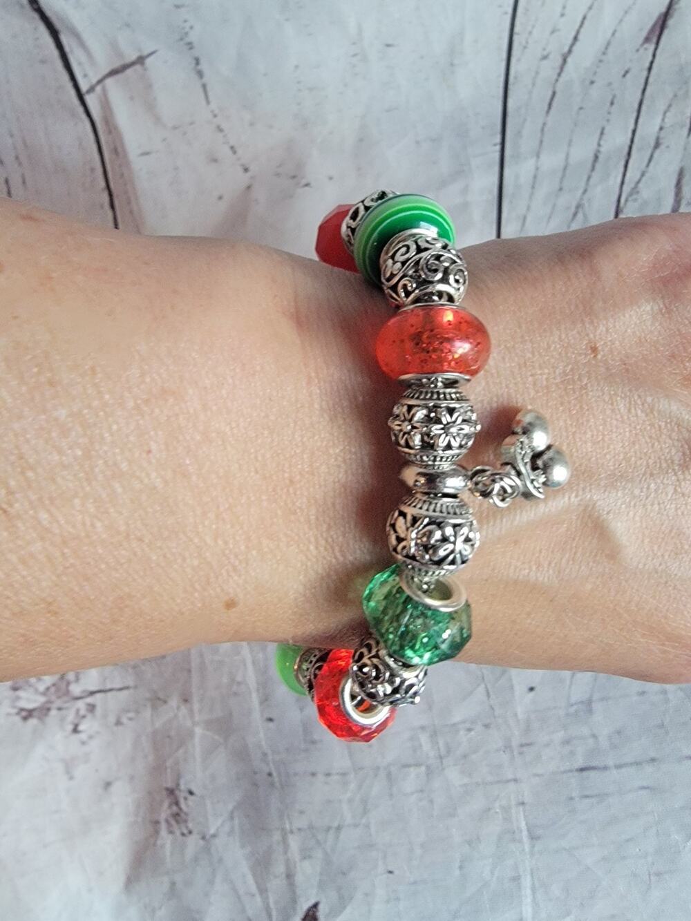 Handmade Beaded Cherry Charm Bracelet Silver Tone 8in